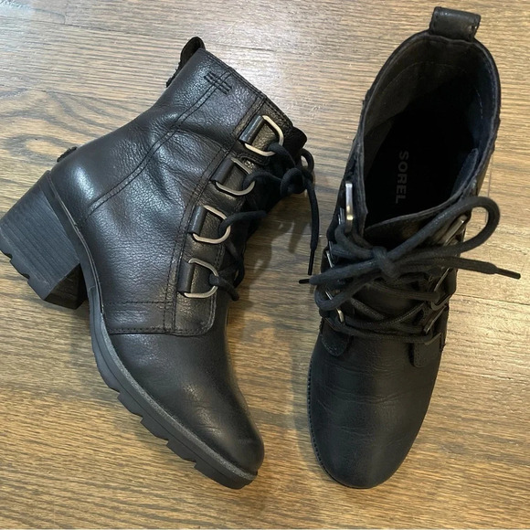 SOREL Women's Cate Lace Bootie Rain Boot Size 7.5 Black Waterproof Leather - Picture 3 of 14